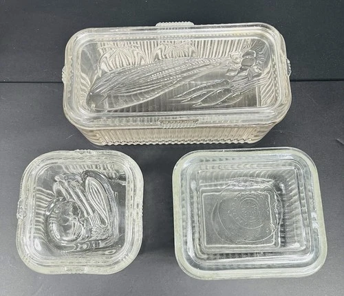 Vintage Federal Ribbed Glass Refrigerator Dishes with Embossed Veggie Motif