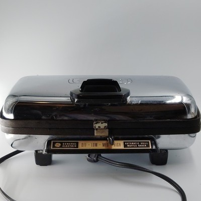 Vtg General Electric Automatic Grill Waffle Baker Chrome A6G44. TESTED, WORKS!