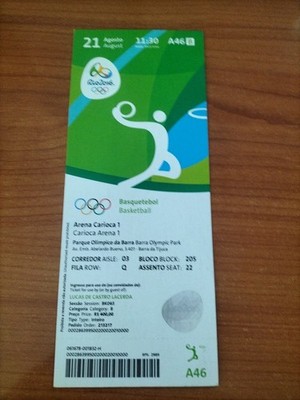 Used Ticket Olympic 2016 Rio A46 Basketball Bronze Final Australia - Spain 1