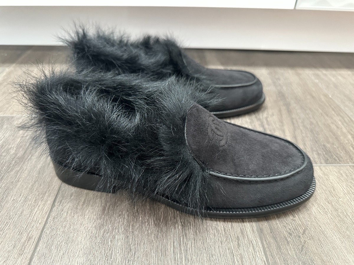 2025 CHANEL COCO NEIGE BLACK SUEDE LEATHER FUR LOAFERS OXFORD