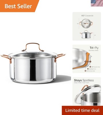 Non-Toxic 8 Qt Stockpot with Glass Lid - Tri-Ply for Even Heating & Easy Cleanup