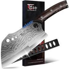 Meat Cleaver Chef Knife with Sheath, 7.7 Inch Butcher Knife with Herb Strippe...