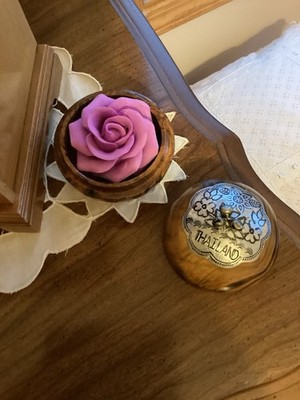 Round Wood Lidded Box & Bells With Pink Rose Inside Thailand 3''x3''