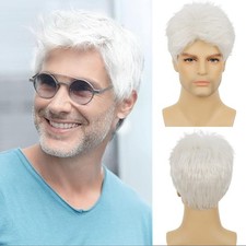 Mens White Wig Short Curly Heat Resistant Cosplay Costume Party Hair Wig