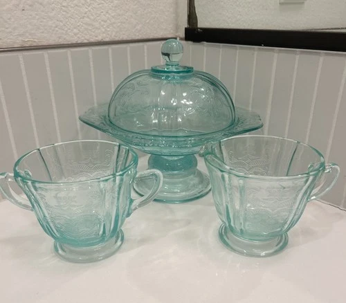 Vintage Set Indiana Glass Recollection Teal Dome Candy Dish W/Cream & Sugar Bowl