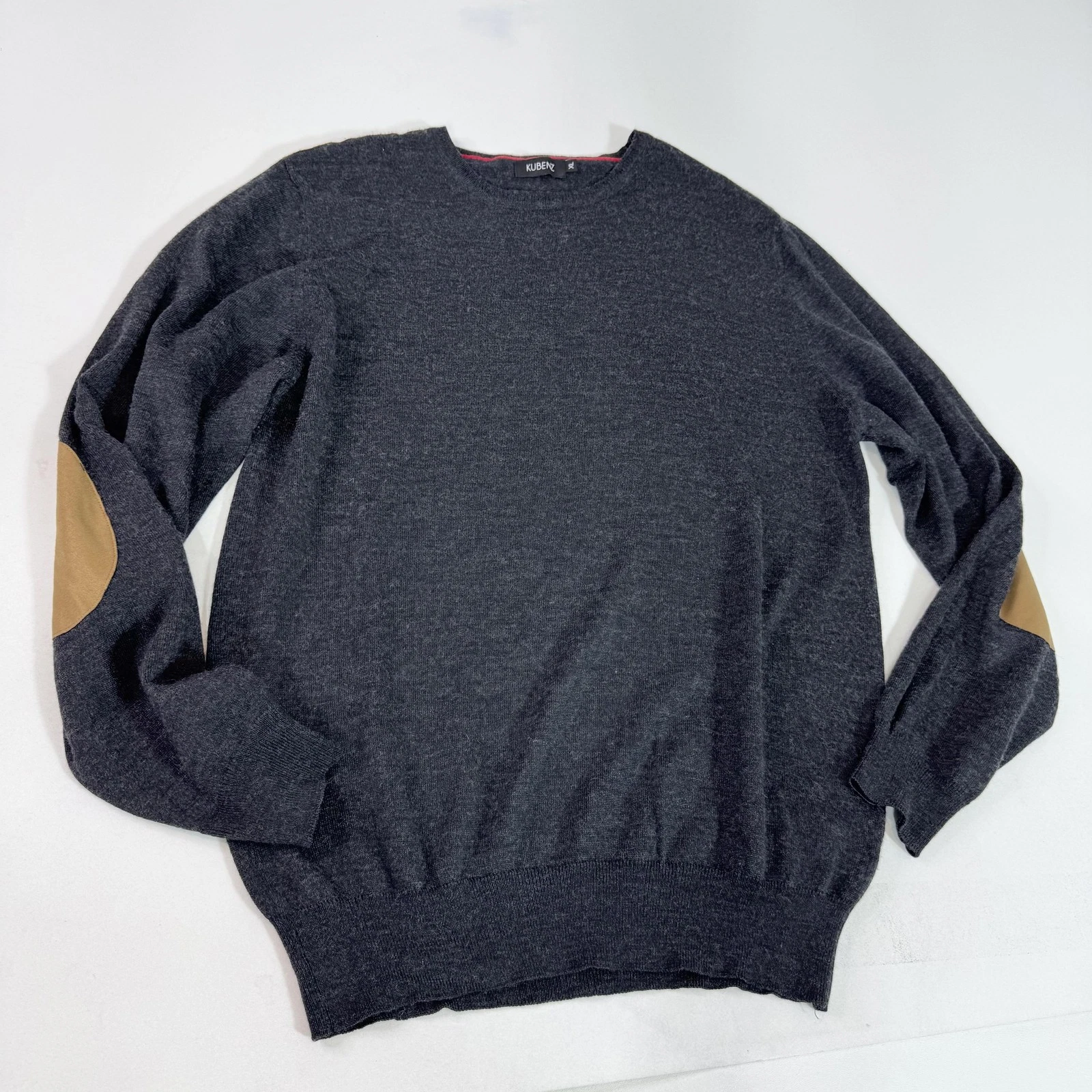 Kubenz Sweater Mens XL Charcoal Gray Merino Wool Blend Crewneck Elbow Patches
