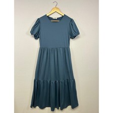 Cottagecore Leia n Co Women S Slate Blue Puff Sleeve Tiered Midi Babydoll Dress