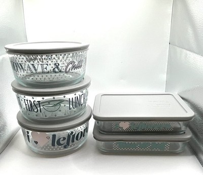 Pyrex 10 Piece Set ''I Love Leftovers'' Glass Storage Bowl Dish Grey Lids NEW VTG