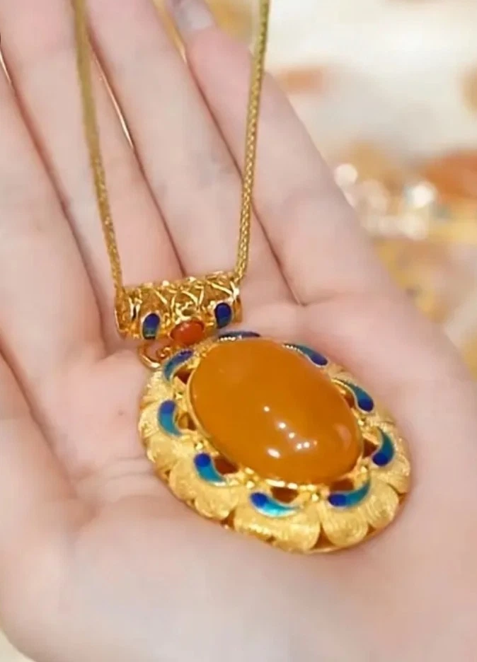 Pedra de resina de cera de abelha amarela, esmalte, colar tom dourado, linda corrente, boho - Imagem 3 de 4