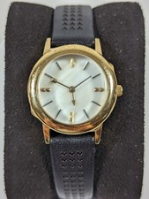 Womans White Pearlized Dial Gold Tone Round Case Black Leather Band Watch