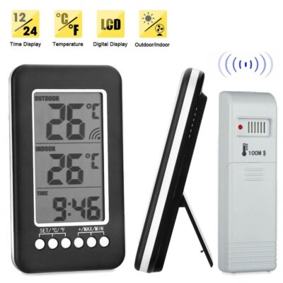 #ad LCD Digital Indoor Outdoor Thermometer Clock Wireless Temperature Meter Monitor $13.90