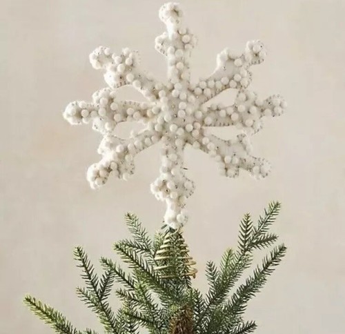 BNWT Anthropologie Holly Pommed White Felt Snowflake Tree Topper Gold Sequins
