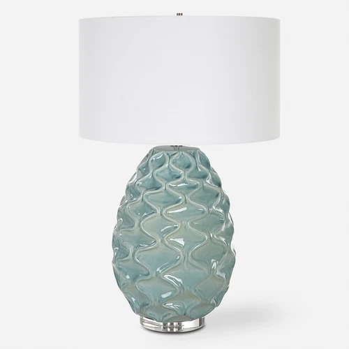 Elegant Aqua Blue Green Seafoam Wave Table Lamp 32 in Fat Graphic Squiggle Gloss - Picture 1 of 7