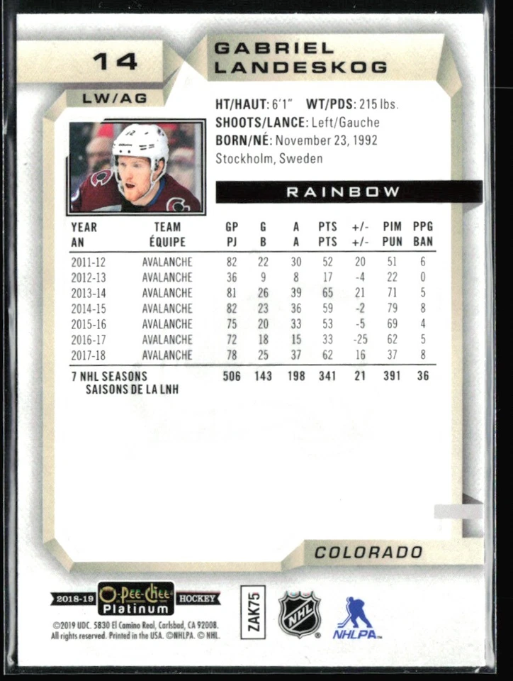 2018-19 O-Pee-Chee Platinum rainbow Gabriel Landeskog #14 H9R2A - Image 2 of 2