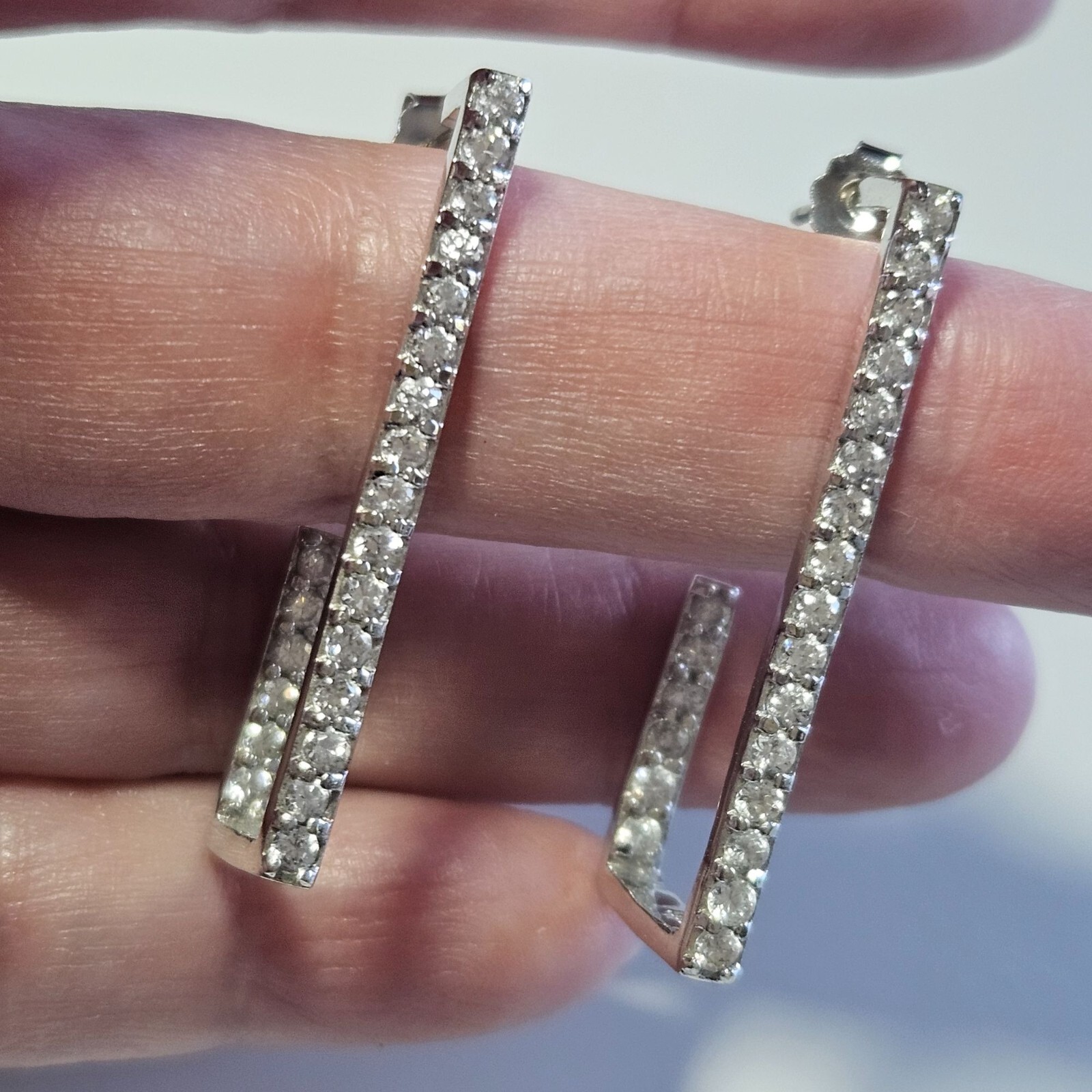 Sterling Silver Rectangular Hoop Clear Rhinestone… - image 1