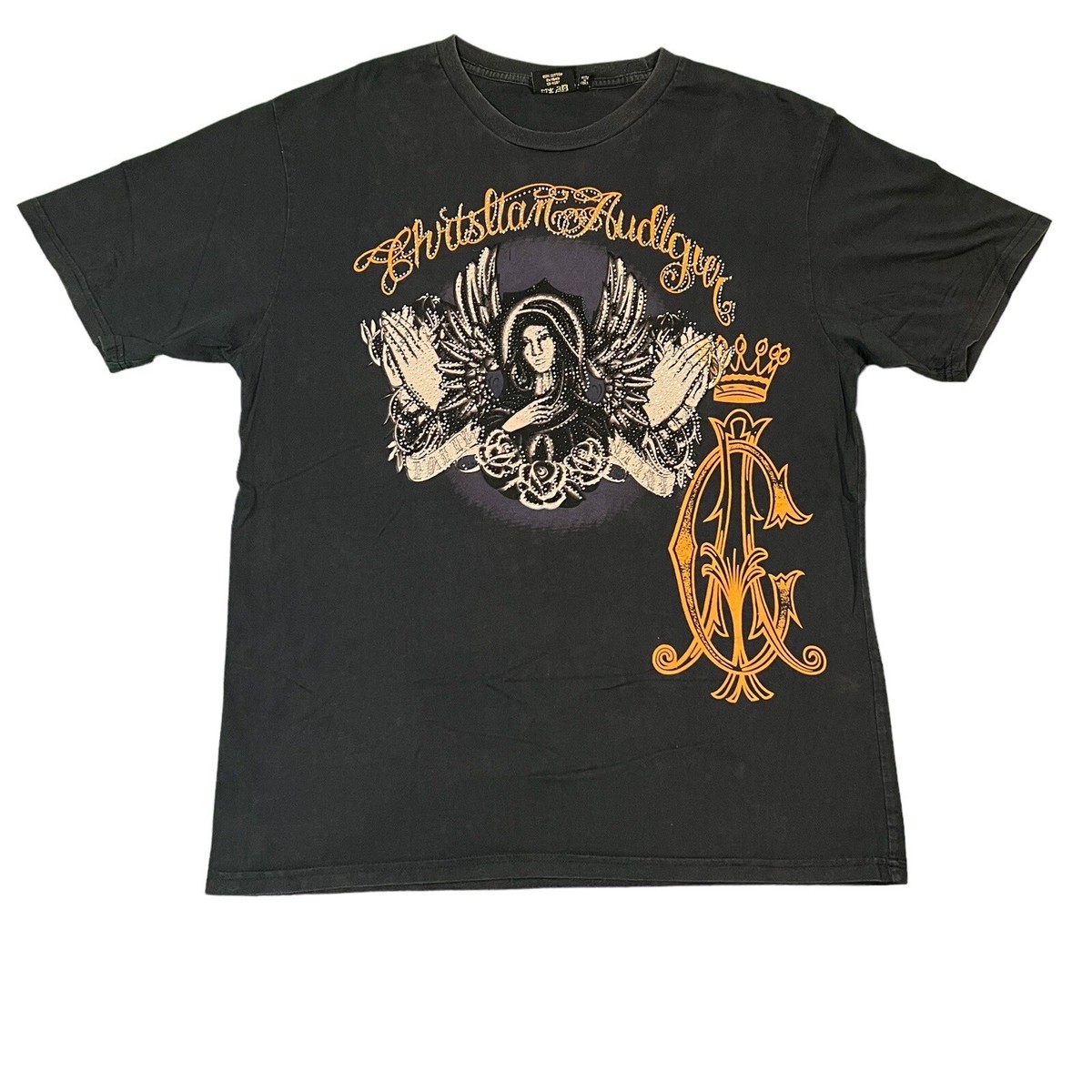 RARE Vintage Y2K Christian Audigier Virgin Mary Bedazzled T