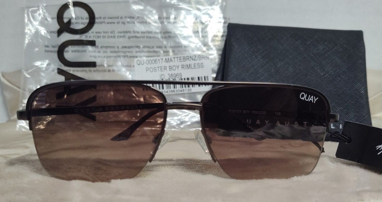 Quay Poster Boy Matte Bronze Rimless Oval Aviators with Brown Lenses Brand New