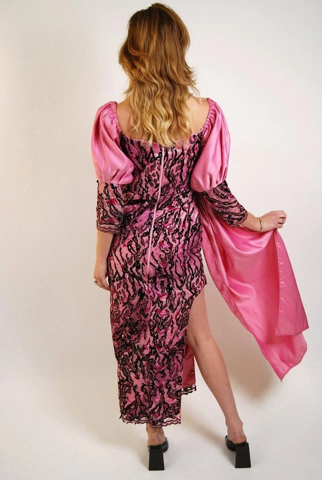 70-х годов блестками платье (M) винтажный розовый сетки пояс средний Puff рукав блестящий танец - Изображение 3 из 4