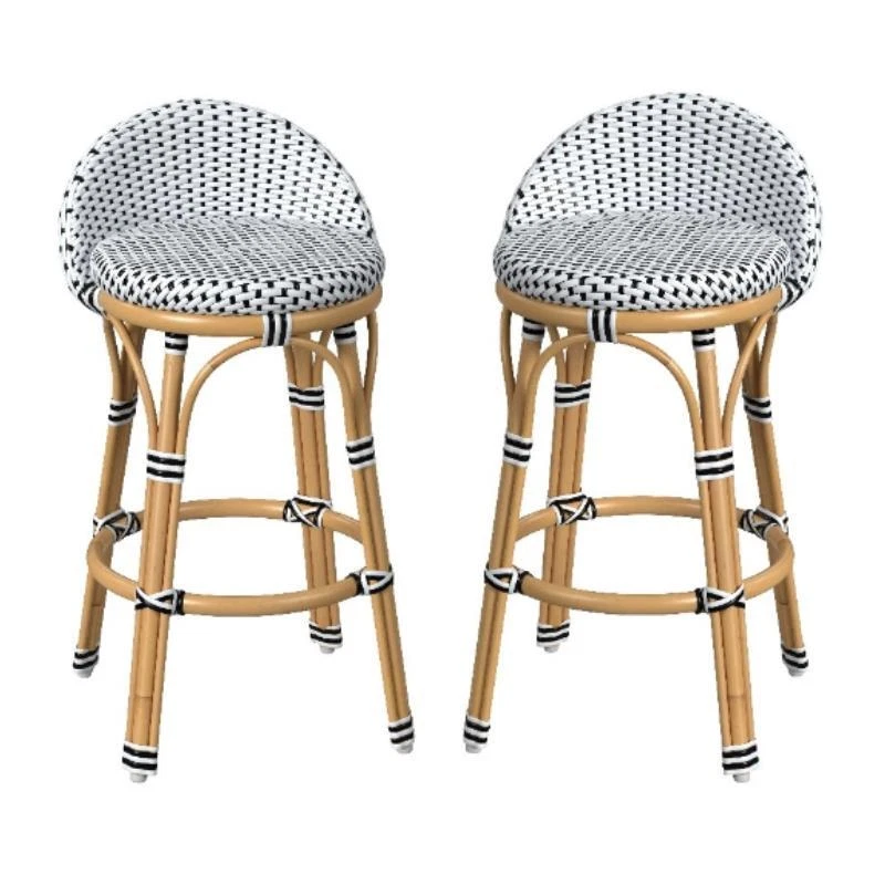Home Square Rattan Low Back Counter Stool in Black and White Set