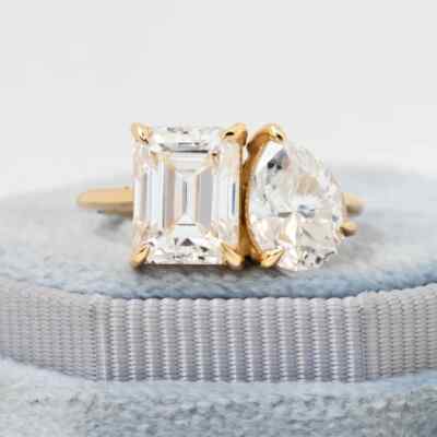 4TCW Pear& Emerald Lab Grown Toi Et Moi Ring For Girlfriend Gift 14k Yellow Gold