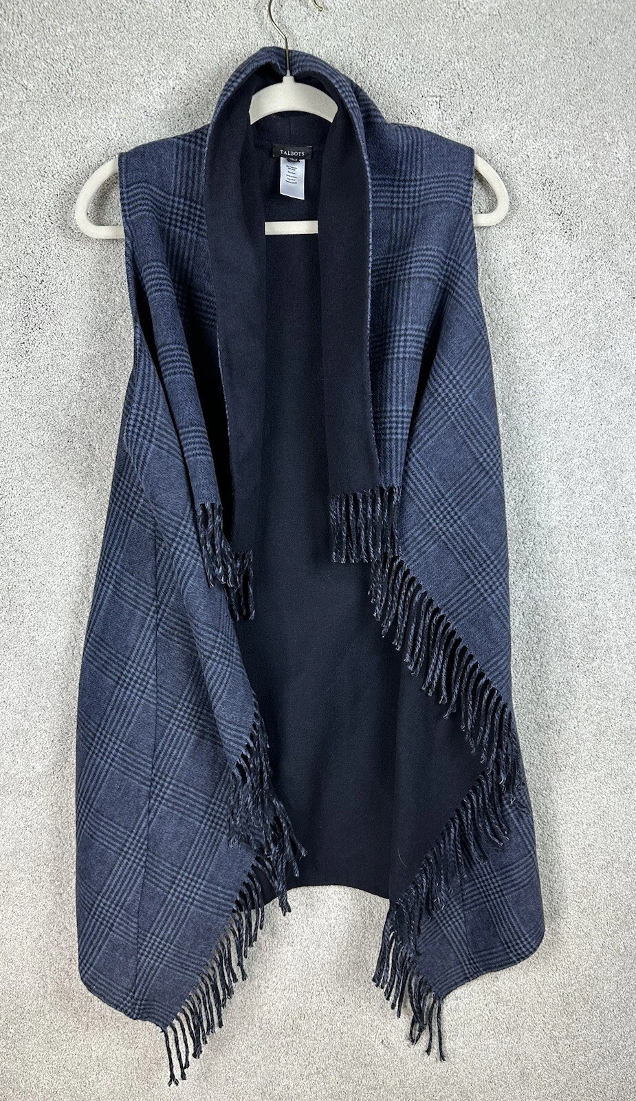 Talbots Sleeveless Poncho Wrap Shawl Cape Plaid Fringe Open Front Gray Womens XS