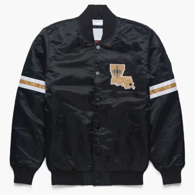 Men's Saints Varsity Vintage 80s Black Satin Bomber Style Varsity League  Jacket