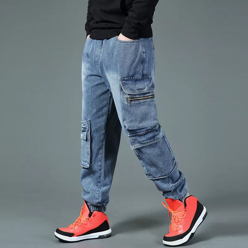 Men Elastic Waist Cargo Denim Pants Jeans Trousers Loose Tapered Cuffed Trousers