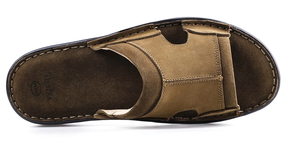 Mens Slip On Leather Sandals Mules Footbed Summer Flip Flop Sliders Holiday Size - Image 3 of 4