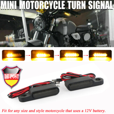 2x E-Geprüft Motorrad Mini Lenker Blinker Lauflicht Schwarz Getönt  Amber LED