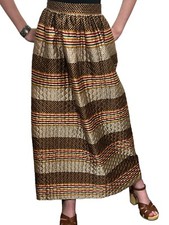 Vtg 70s XS S Maxi Skirt Quilted Striped Silky Blend Boho 26 Waist Gold Blue