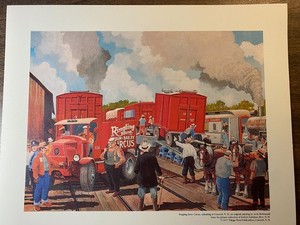 Print of a circus train unloading by renowned train artist, Arch McDonnell