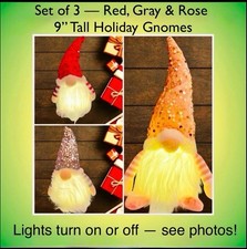 NEW Set Of 3 Light Up Holiday Gnomes w/ Posable Hats 9" Tall Includes Batteries 