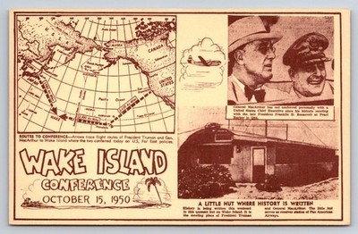 1950 Wake Island Conference Truman MacArthur Map Postcard  Pan Am Hut
