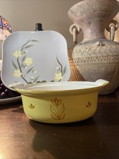 Vintage DRU Holland Yellow Enamel Cast Iron Baking Dish Tulip Mid Century MCM