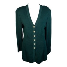 VTG ST. JOHN Evening Dark Green Santana Knit Long Rhinestone Buttons Jacket Sz 6
