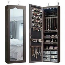 Wall Door Mounted Jewelry Cabinet Organizer LED Mirror Brown