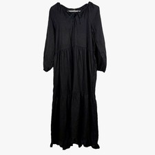 J.Crew Tiered Maxi Dress Black 100% Linen Sz S/M Long Sleeve Tie Neck BG483 Boho