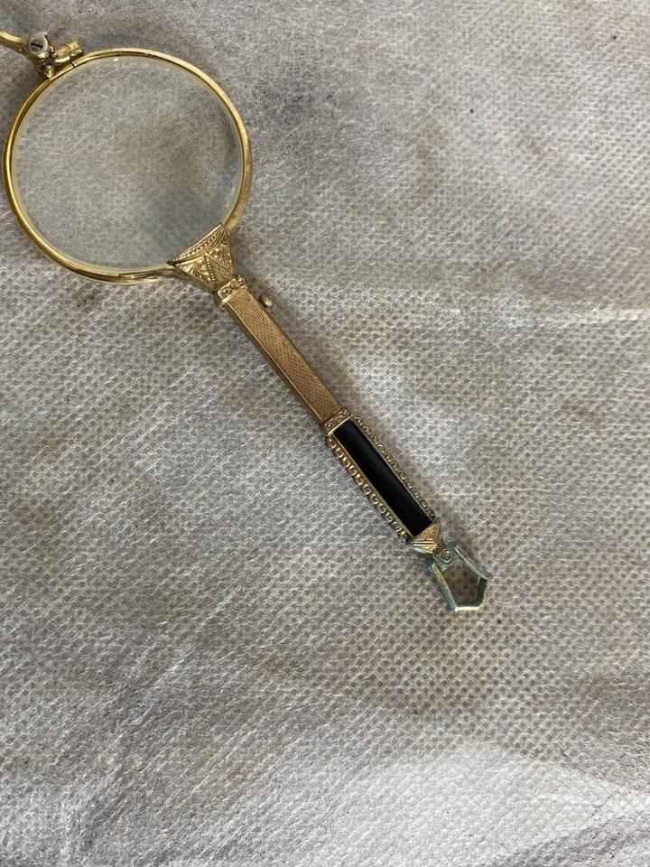Antique Bausch And Lomb Gold Filled Lorgnette Opera Glasses Folding With Onyx  - Image 3 of 4