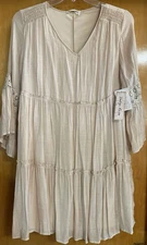Indigo Rose Womens 1X Natural Beige Tiered Casual Boho Dress Crochet Details NWT