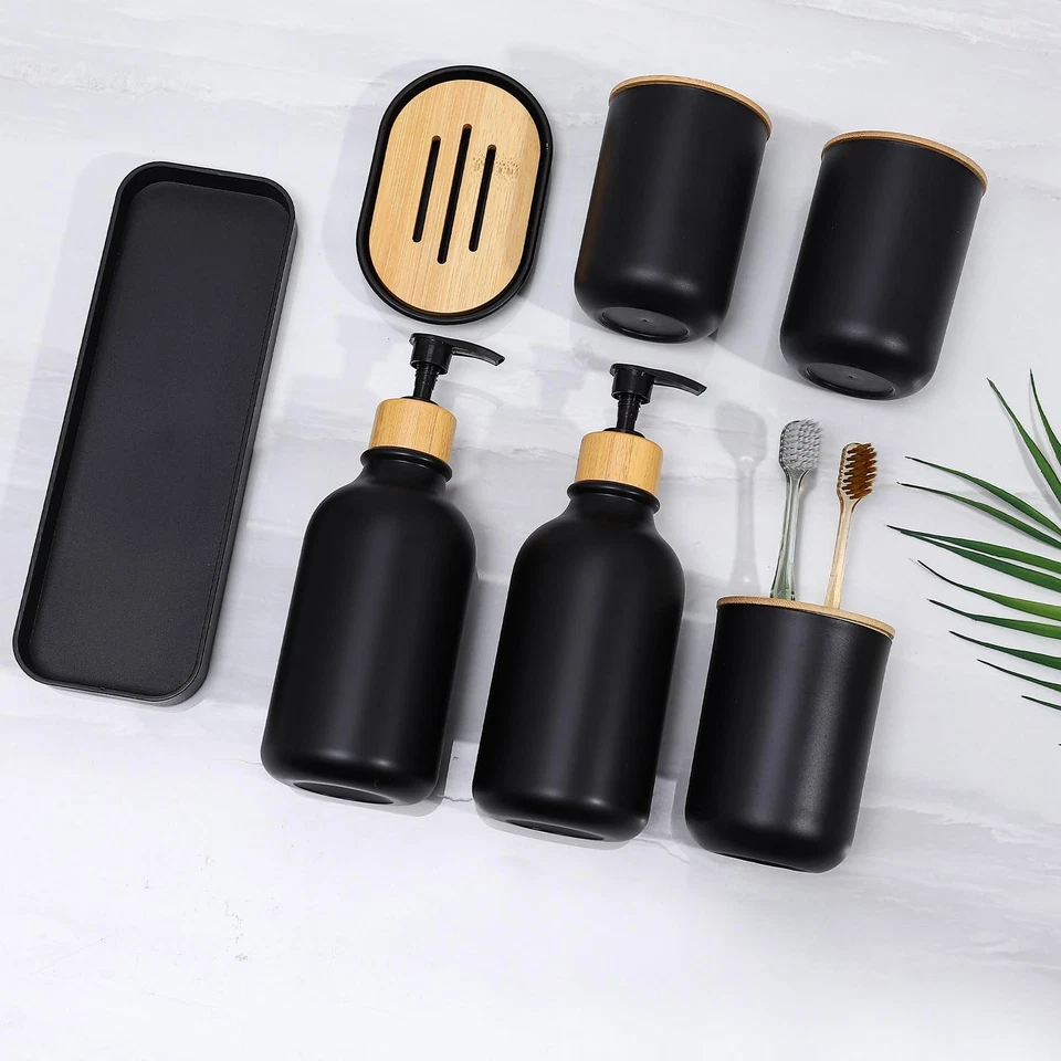 Juego de accesorios de baño negro mate 7 piezas juegos de bambú dispensador de jabón Foto 4 de 4
