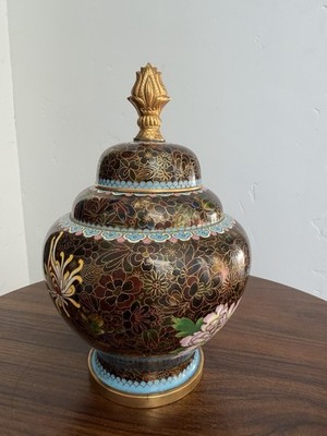 Stunning Vintage Large Asian Cloisonne Metal Ginger Jar Floral Urn
