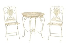 Salon de jardin - 1 table et 2 chaises - fer forgé - style antique - blanc/crème