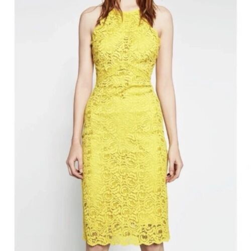 Zara Lace Sheath Pencil Dress Size XS Yellow Knee Length Halter Spaghetti Strap - Picture 4 of 13