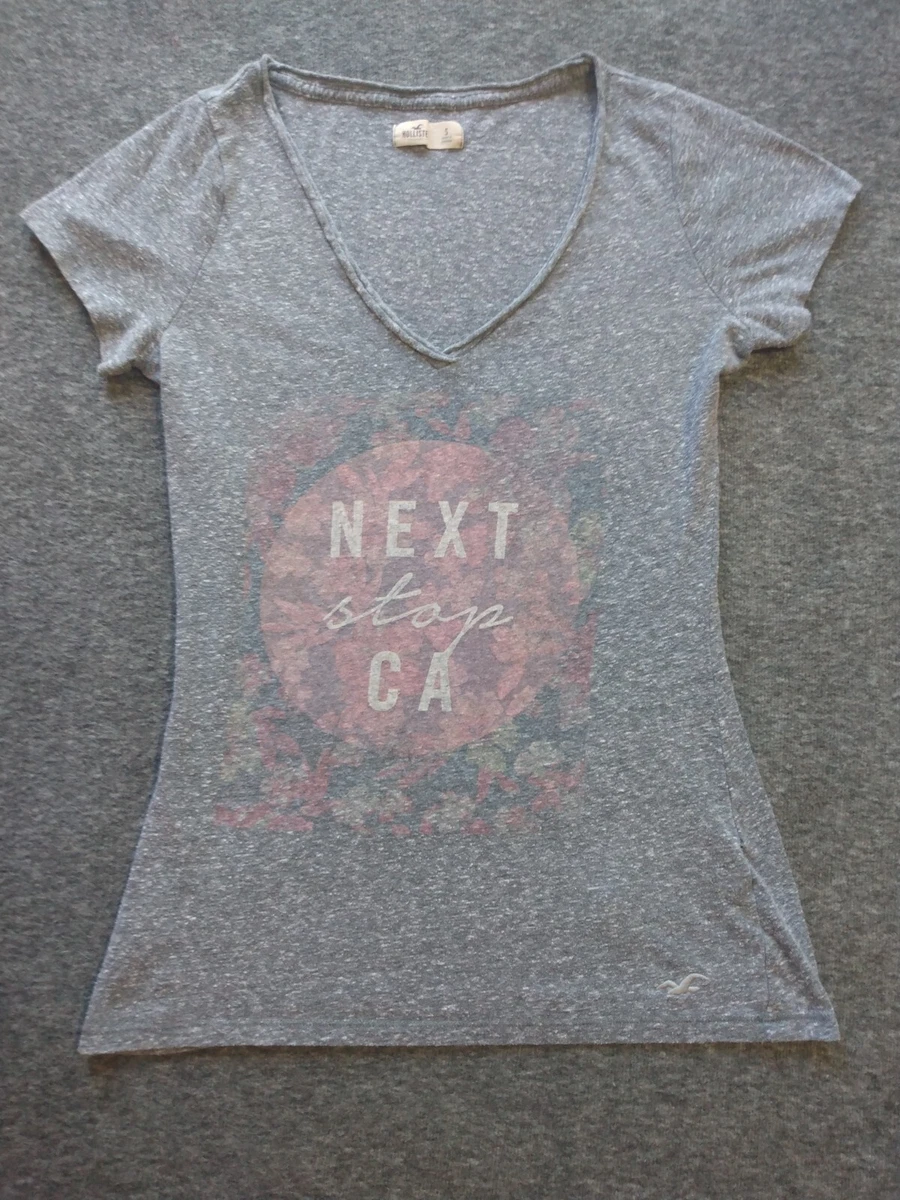 Hollister Top Womens Small Spellout Gray Scoop Neck Shirt Short
