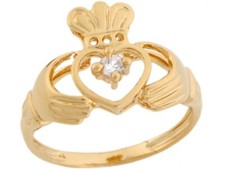 10k or 14k Yellow Gold Irish Claddagh Love and Friendship Ring with CZ Accent