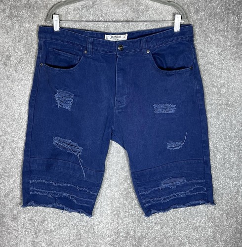 Akademiks Jeanius Distressed Bermuda Denim Shorts Mens Size 36 Blue Raw Hem