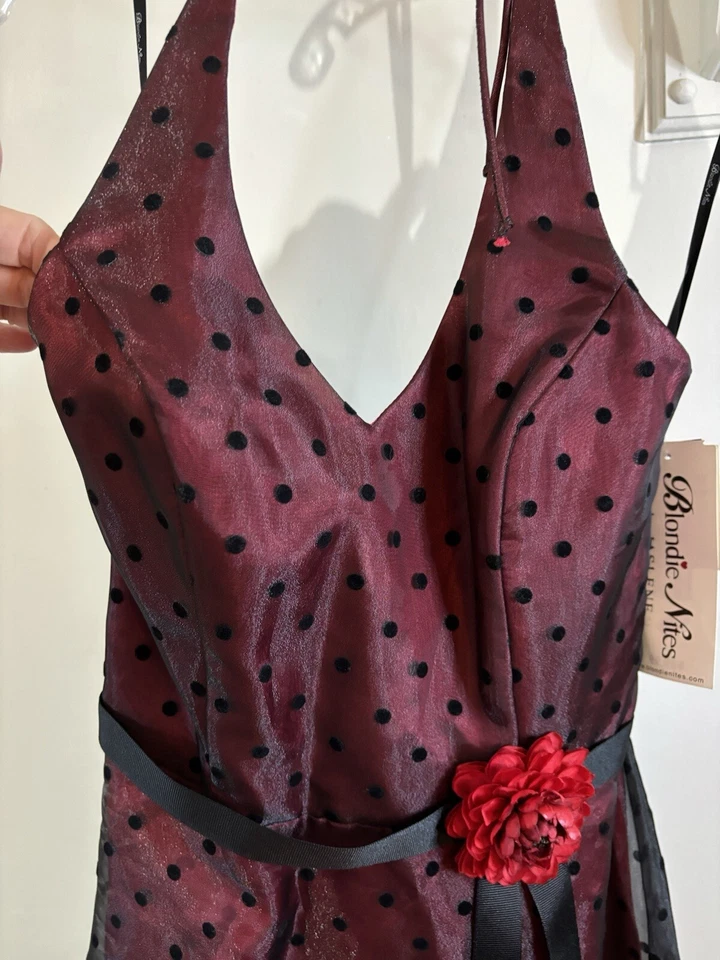 NUEVO CON ETIQUETAS BLONDIE NITES DE COLECCIÓN Vestido Halter Midi Rojo Negro Punto Transparente 3 4 90’s Whimsigoth Foto 2 de 4