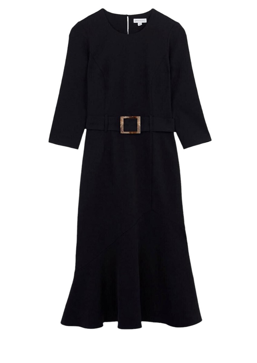 warehouse black midi dress Warehouse Women's Structured Puff Sleeve Bardot Midi Dress in Black