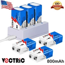 VECTRIC 9V Volt Rechargeable Li-ion Lithium Batteries + Battery Charger 800mAh