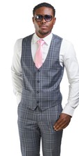 Slim Fit Men's Dress Vest Slate Windowpane Round Collar 4 Buttons 35071 AZARMAN